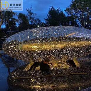 热销户外售楼处广场不锈钢球形雕塑金属铁艺镜面镂空摆件灯发光椭