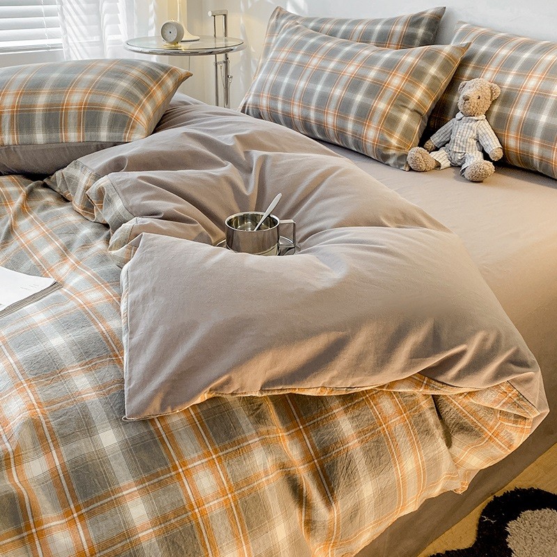 2o6x水洗棉床上四件套100格子被套床单大学生宿舍三件套