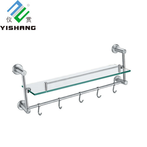 钢化玻璃不锈钢304浴室置物架卫生间带钩多用单层托架a1020热销
