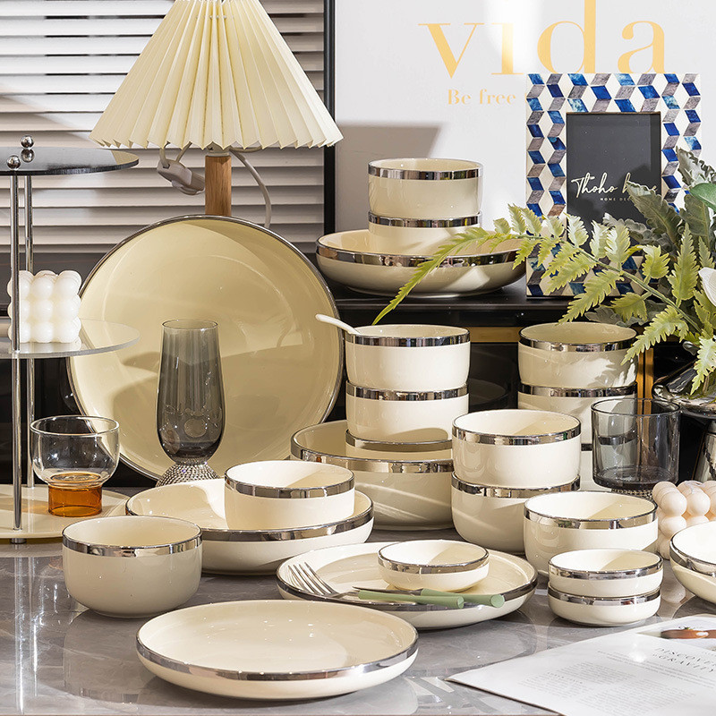 热销碗碟套装家用现代银边轻奢高级感网红爆款2022新款碗盘子碗具