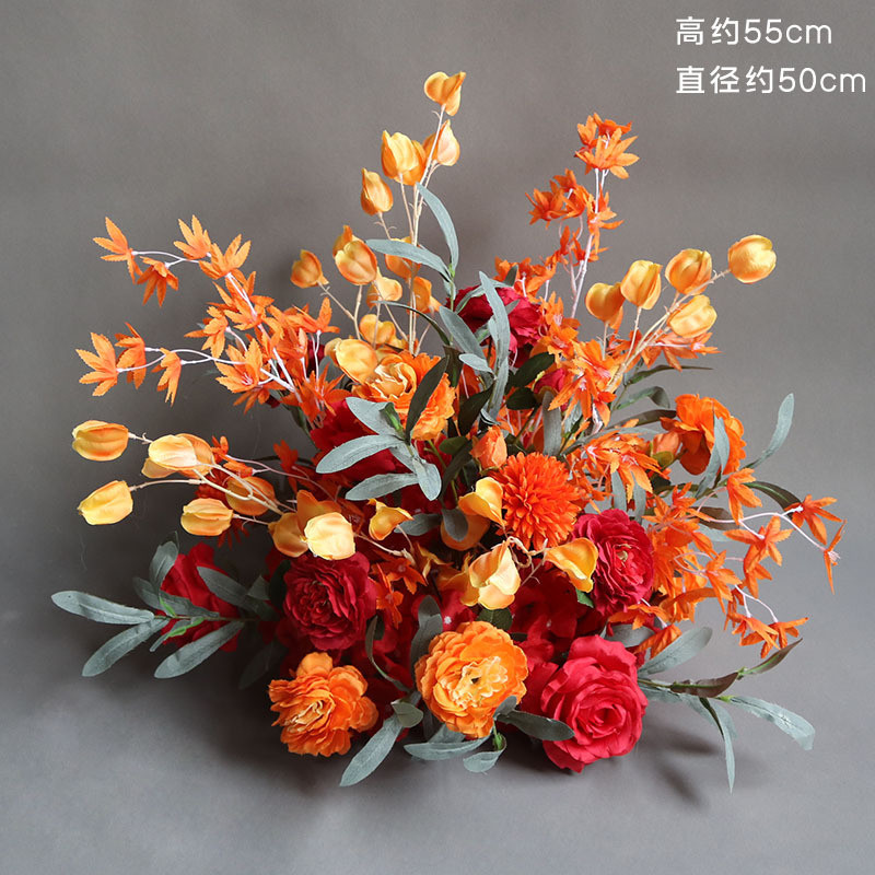 婚庆秋色桔色路引花婚礼花艺花盆橘色仿真花绢花装饰盆花t台排花