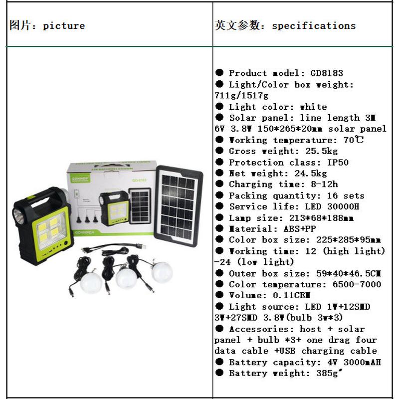7272便携式一体太阳能小系统手机充电应急照明灯户外露营手提灯