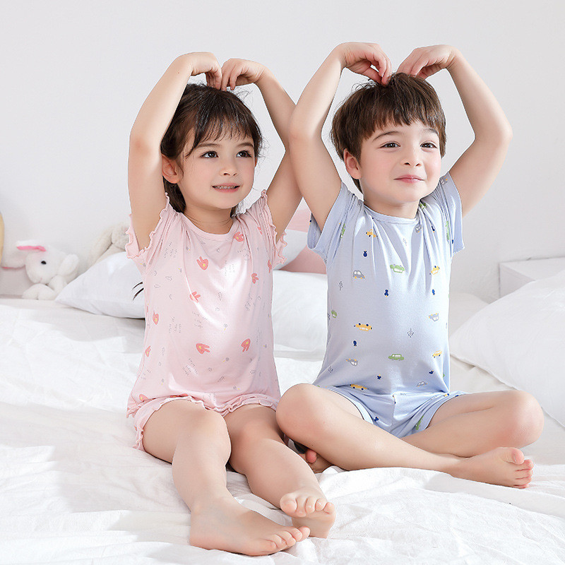 儿童莫代尔短袖套装男童女童夏季薄款家居服男孩宝宝睡衣兰精天丝