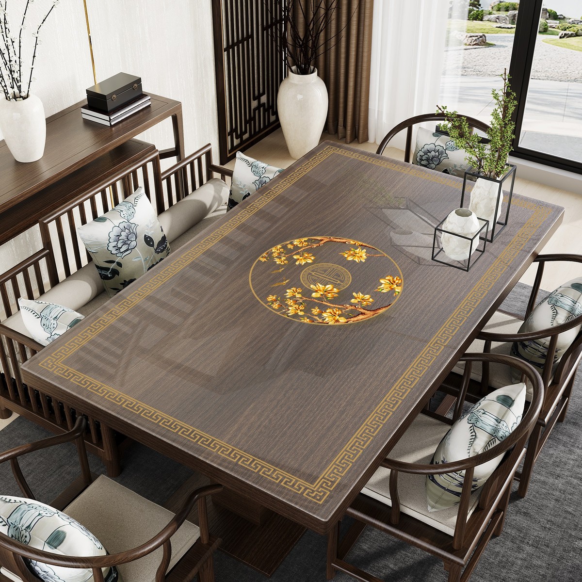 新中式实木餐桌布防水防油防烫桌面透明保护红木纹茶几垫茶桌垫布