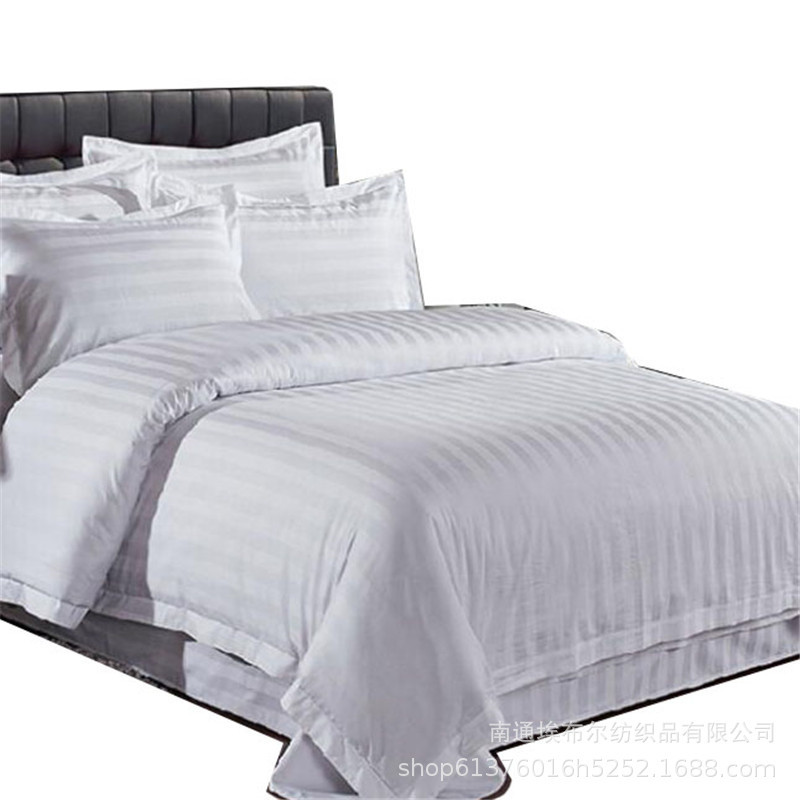 白色加厚全棉条纹酒店草缎条床单酒店布宾馆四件套床上用品批发