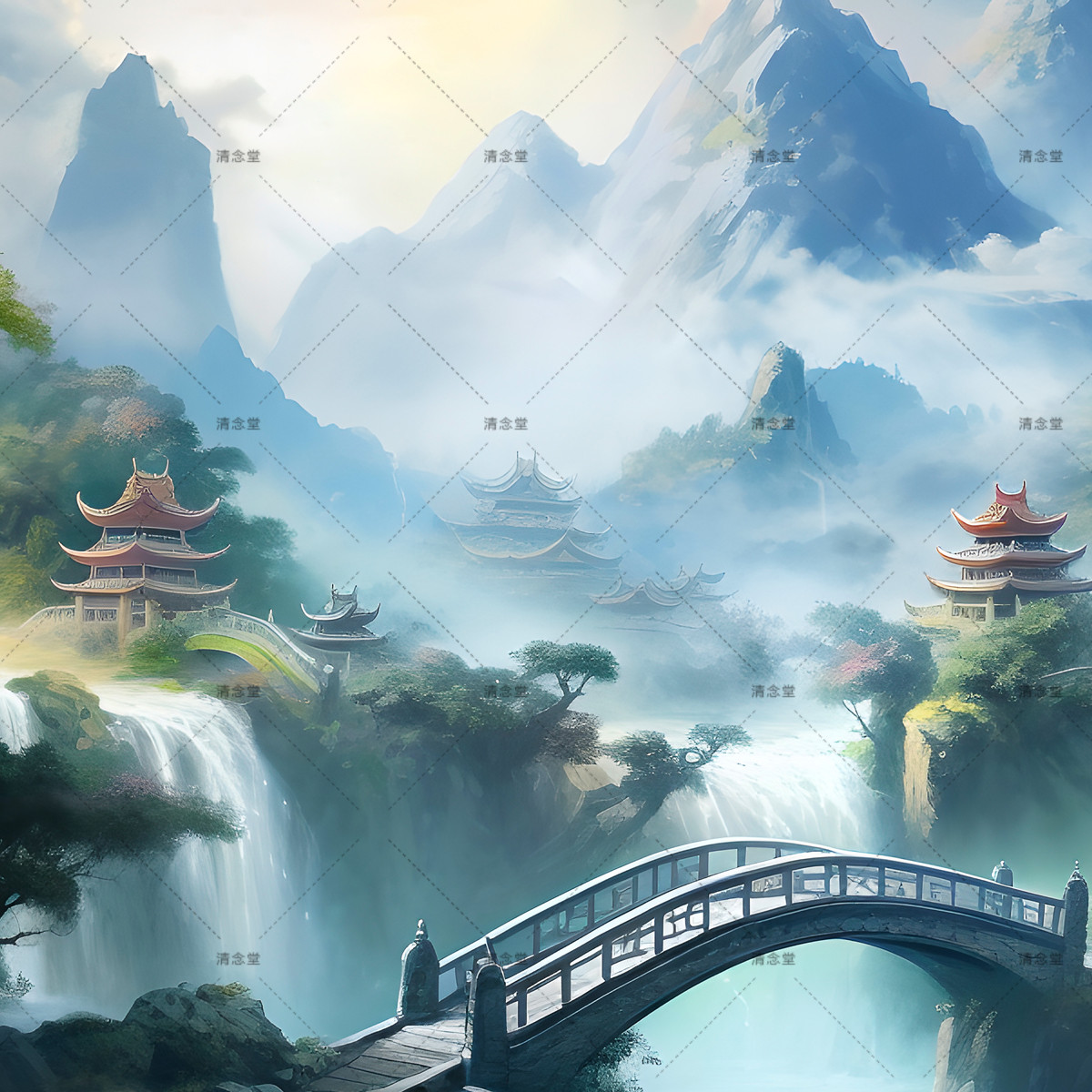 横幅仙家堂口山水风景画流水生财小桥亭子无活物暗堂供奉挂画堂单