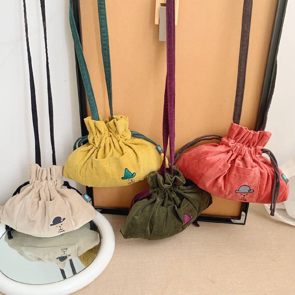 出口纯色单小雨伞韩国灯芯绒卡通抽绳包斜挎包单肩包手机收纳新款