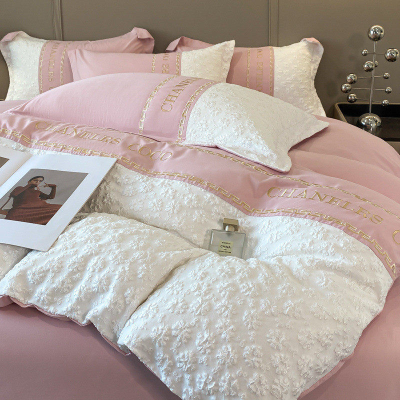 轻奢简约纯色四件套水洗棉刺绣双人被套床单三件套超柔软床上用品