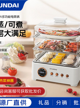 韩国HYUNDAI电蒸锅三层不锈钢大容量防干烧蒸煮多功能28L预约保温