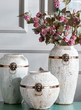 带饰日式清新白色花瓶摆件园林客厅展厅会所软装铜环工艺摆