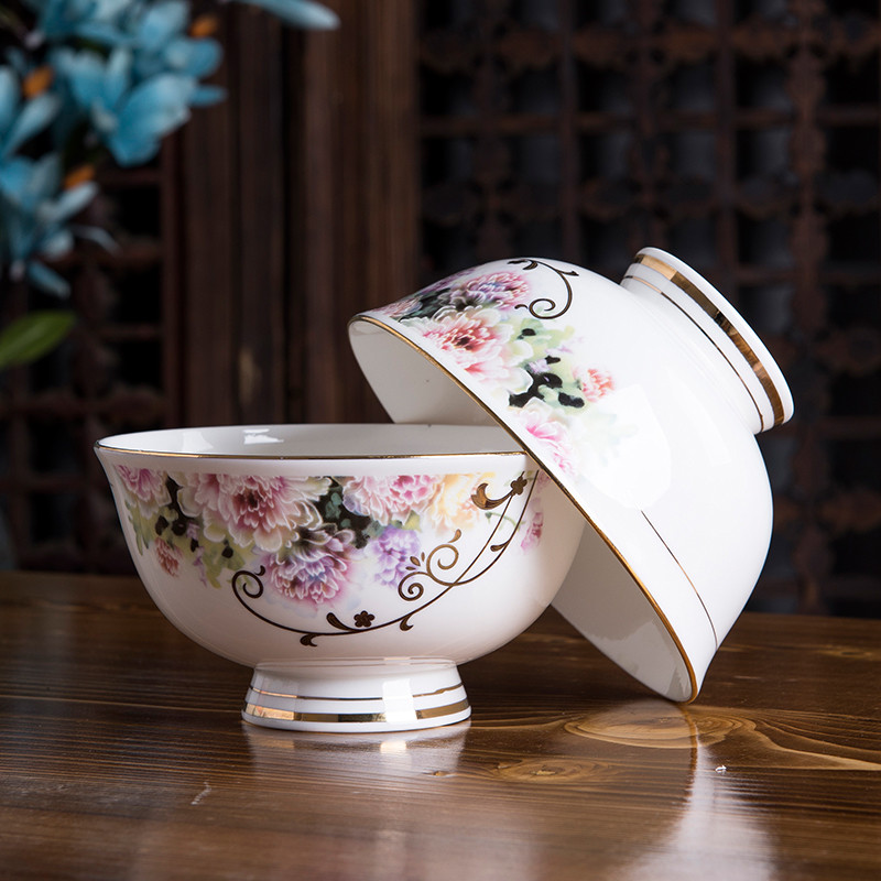 景裕陶瓷碗家用高档碗10个装金边骨瓷米饭碗欧式套装餐具碗