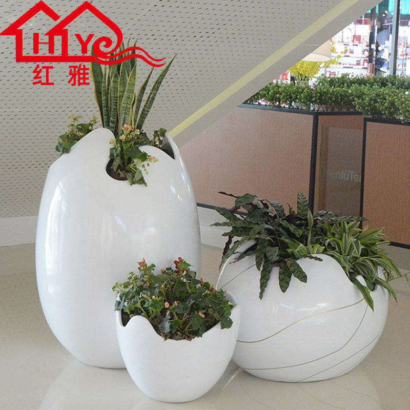 热销商业公区玻璃钢花盆景观组合花池蛋壳异形售楼部花器户外椭圆