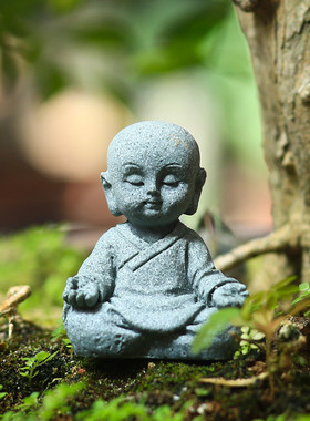 禅意花卉盆景微景观装饰摆件小和尚沙弥假山鱼缸造景家居茶桌摆设