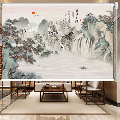 rp4t批发卷帘办公室免打孔客厅山水风景画手拉新中式遮阳防水窗帘