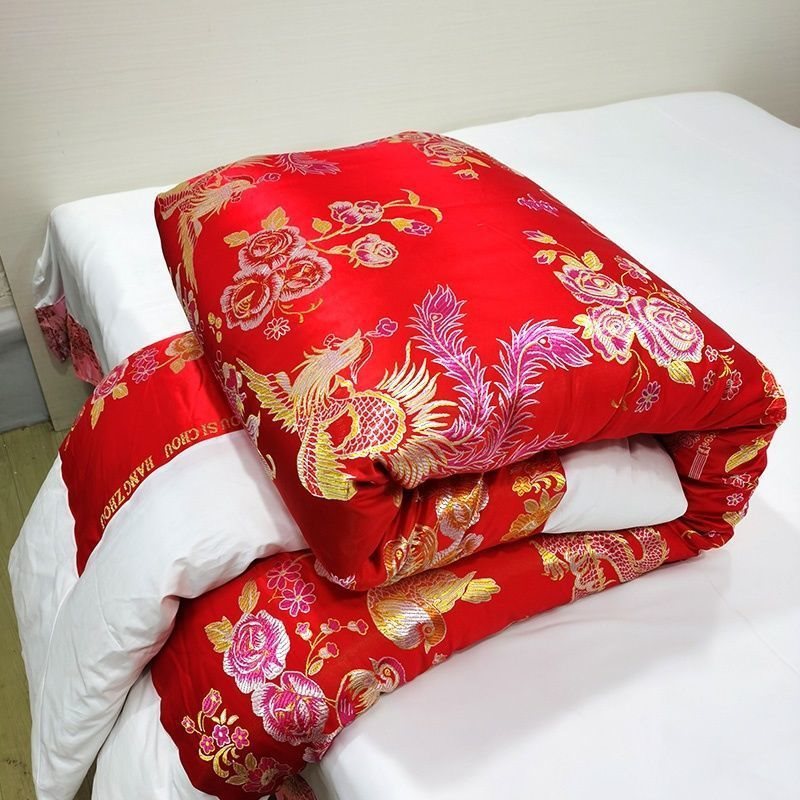 热销老式包边锦缎结婚手工棉被传统丝绸绸缎喜被复古婚庆被子中式