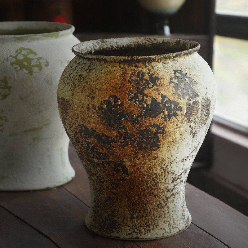 圆陶瓷复古大花瓶侘寂风大肚景德镇陶罐新中式客厅落地花盆摆件