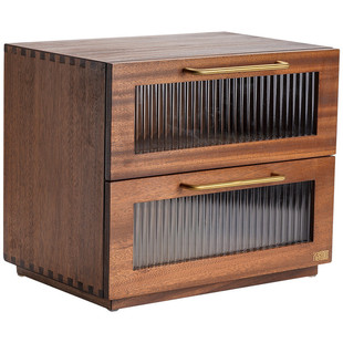 胡桃木抽屉式收纳柜双层茶台杯子桌面茶具茶叶防尘实木储物柜带灯