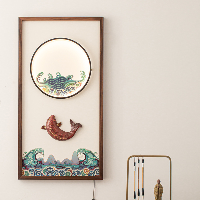 立体客厅方形壁挂胡桃木陶瓷挂画中式宣贯实木禅意装饰画图片