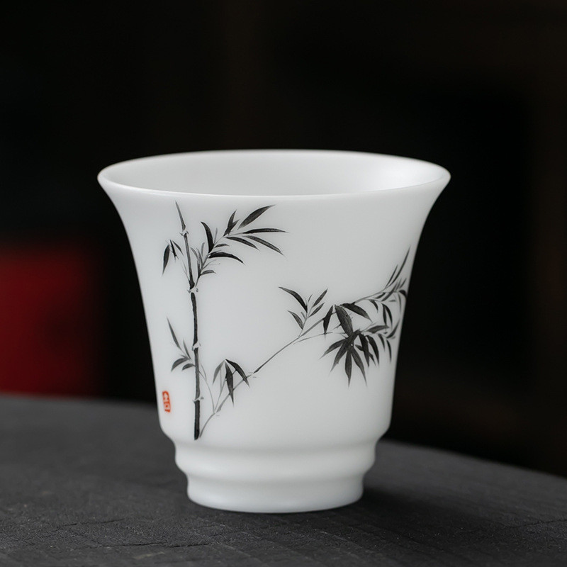 新中式冰种素主人杯羊脂玉手绘竹子烧情侣茶杯富贵竹高端白瓷茶杯
