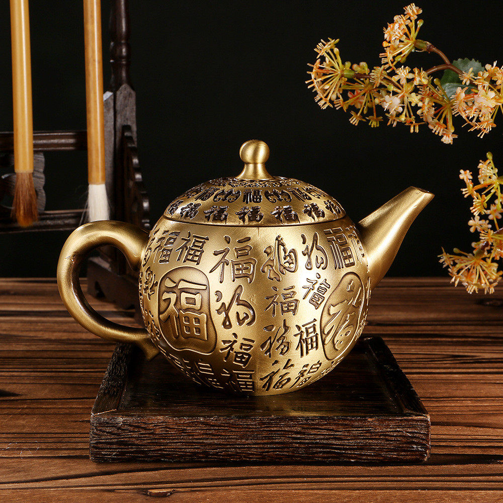 纯黄铜百福酒杯酒壶工艺品浮雕仿古办公室摆件茶壶水杯批发家用
