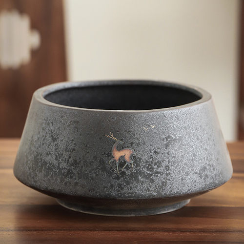 大号黑陶茶洗家用陶瓷功夫茶具配件复古银斑釉杯洗日式水盂茶渣缸