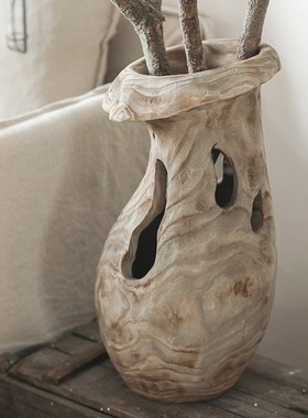 实木创意设计猪笼草花瓶诧寂风民宿装饰摆件镂空复古做旧玄关花器