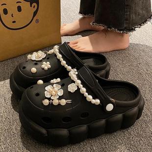 25新款 凉拖 珍珠花朵EVA厚底洞洞鞋 女夏ins潮外穿沙滩防滑不臭时尚