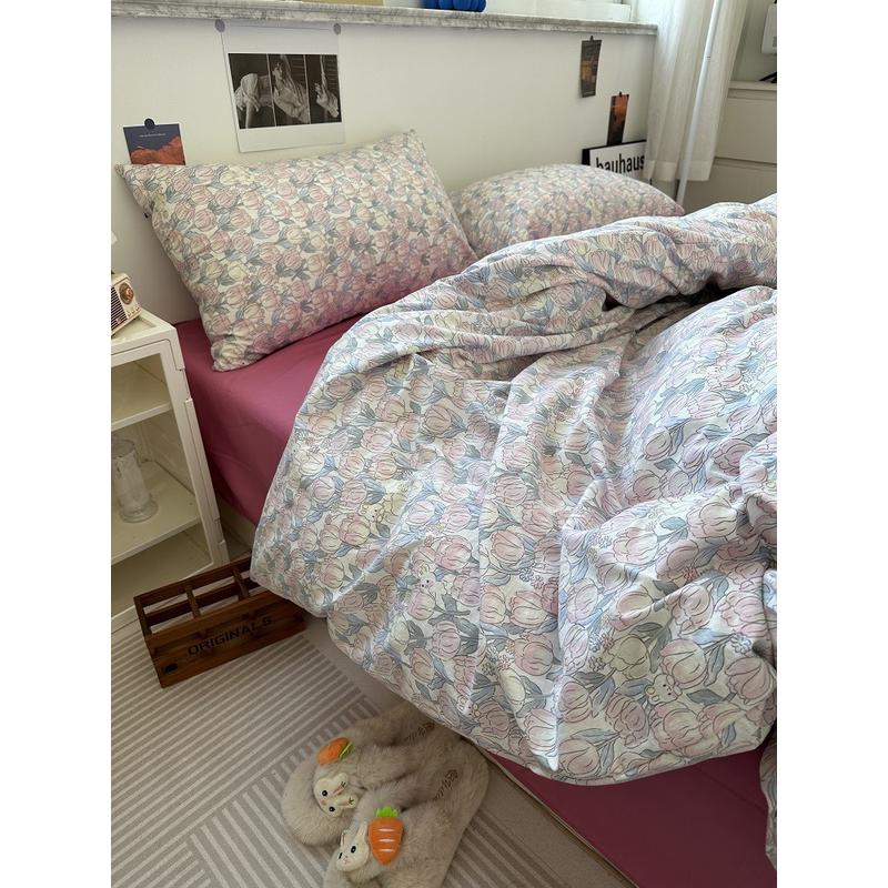 61k3紫色少女心ins小碎花水洗棉麻四件套床单纯色被套床上三件套