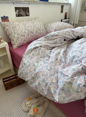 61k3紫色少女心ins小碎花水洗棉麻四件套床单纯色被套床上三件套