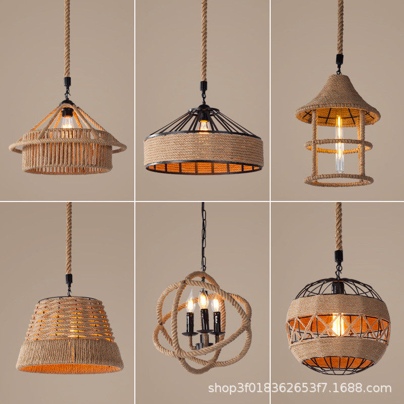 复古麻绳小吊灯铁艺灯罩咖啡厅休闲复古美式乡村麻线编制灯具220V,家装灯饰光源,餐厅吊灯,淘宝优惠券,粉丝福利购,淘宝优惠卷