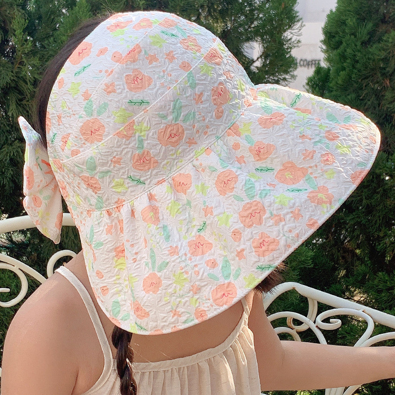 儿童防晒帽无顶可折叠海滩遮阳帽春夏女童洋气蝴蝶结大帽檐空顶帽