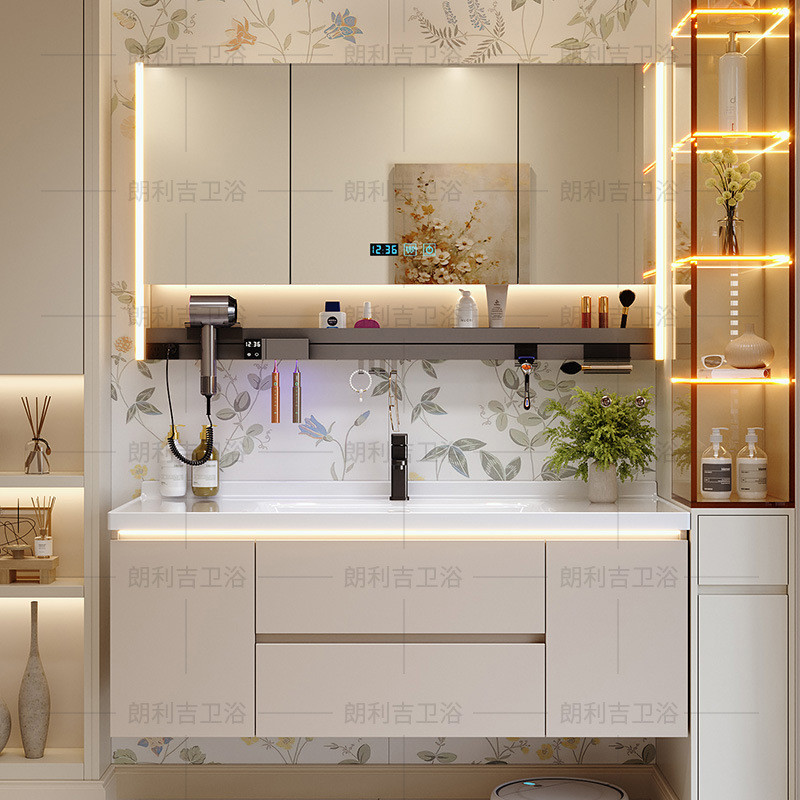 热销奶油风盆实木浴室柜陶瓷一体轻奢卫生间洗手洗脸洗漱台盆柜组