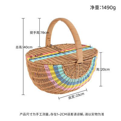 手提篮子手工编织藤编户外野餐篮储物大容量带盖露营收纳篮送垫