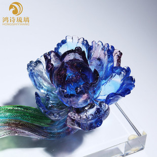 送国外客户礼品中国风商务琉璃牡丹花富贵鸡如意摆件家居摆件