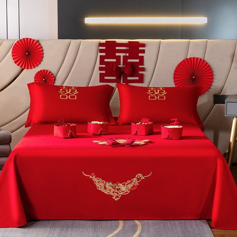 新款结单件喜庆大红色床单三件套婚嫁轻奢刺绣花被单双人床上用品