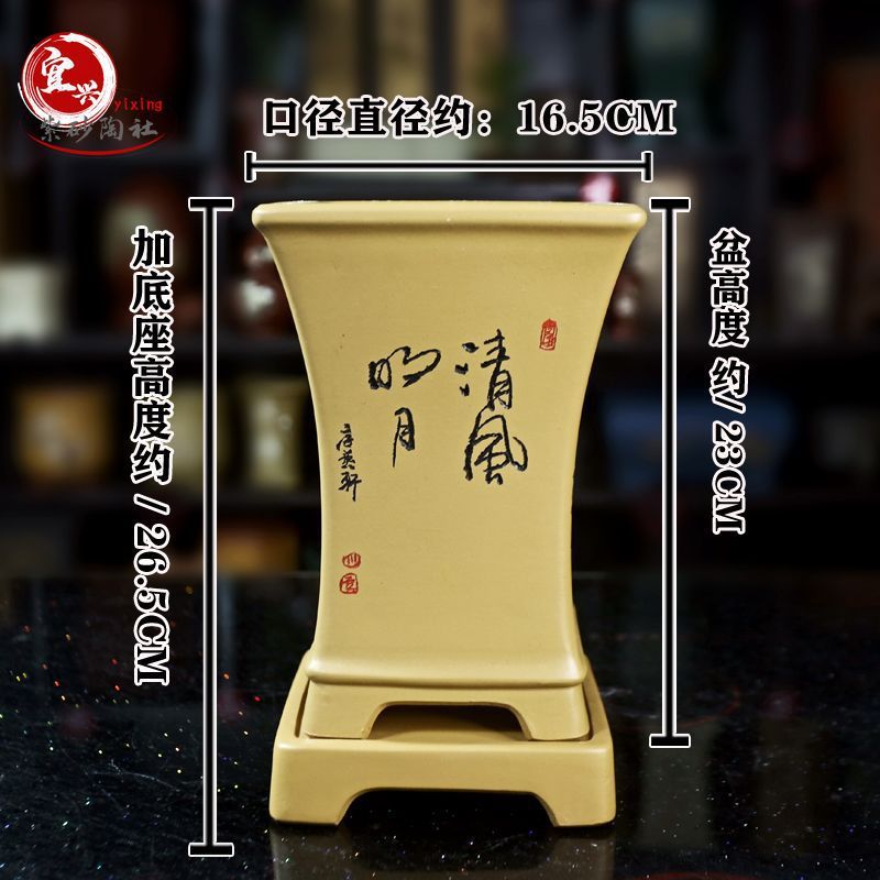 宜兴君子兰盆签筒紫砂兰花盆带底座室内绿植阳台透气陶瓷四方