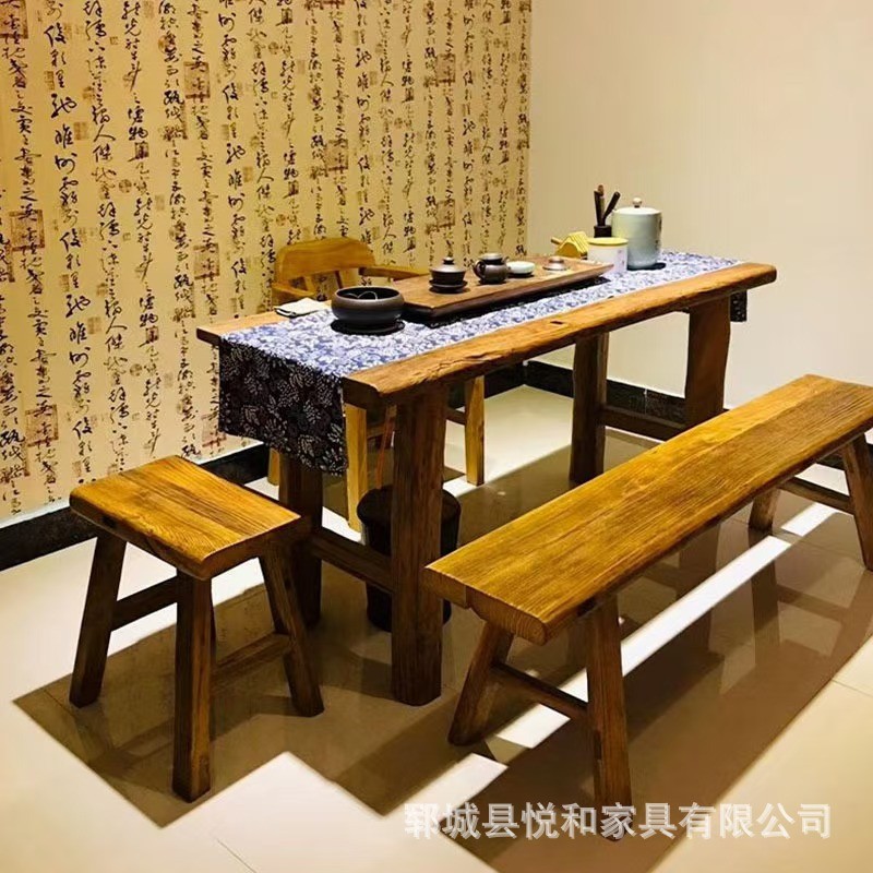 新中式老榆木民宿木纹纹理清晰茶桌酒店茶桌椅组合办公室泡茶桌