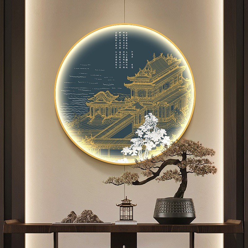 新中式玄关装饰画带灯背景发光壁画走廊水墨禅意鹤楼现代艺术圆形