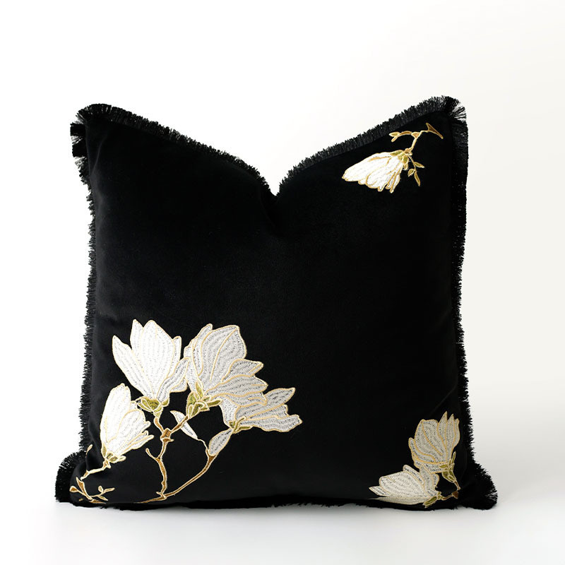 轻奢中毛绒玉兰花刺绣抱枕套新中式客厅沙发高端古风样板间靠垫套