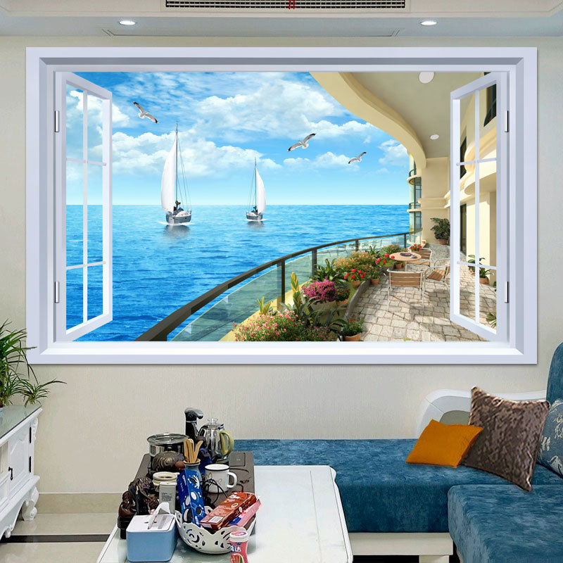假窗户仿真海报自粘壁纸床头墙贴海滩壁画立体大海贴画壁纸画简约