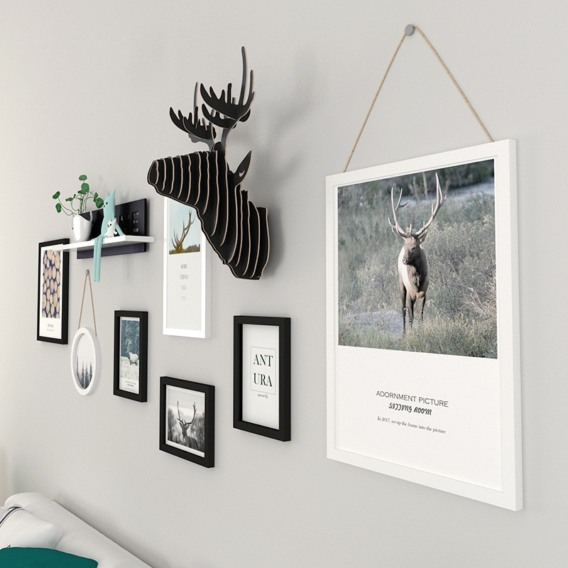 配风格北欧ins鹿头装饰画沙发背景画悬挂实木挂画框创意墙上壁饰图片