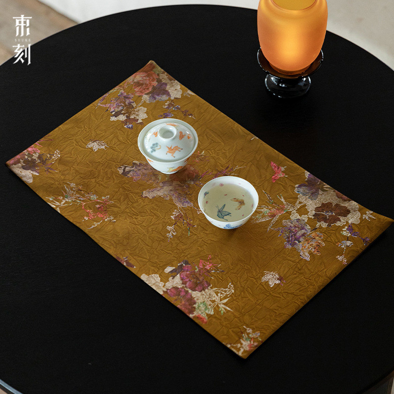 束刻丝茶台绸防水干泡茶旗茶席禅意茶道配件布艺隔热垫金茶几桌布