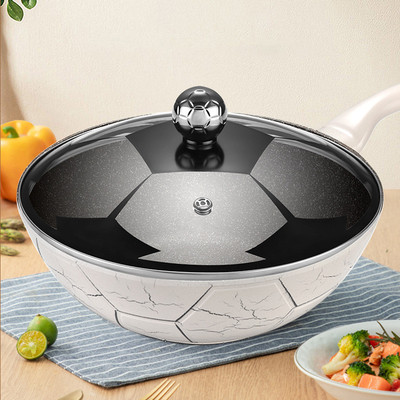 新品32cmX1902卡塔尔世界杯主题炒锅纪念版不粘红点温控足球锅