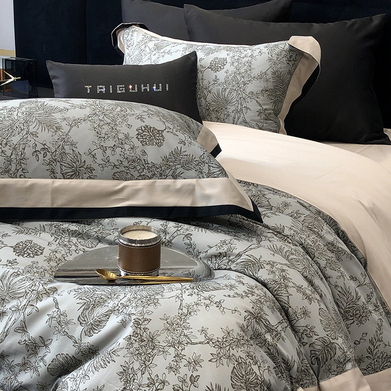 100s高支长绒棉四件套风简约植物数码印花全棉被套1.8米m床上用品