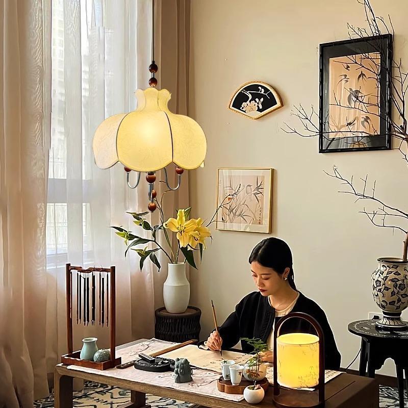 宋代美学吊灯复古茶室卧室房间灯设计师餐厅书房法式中古布艺灯具