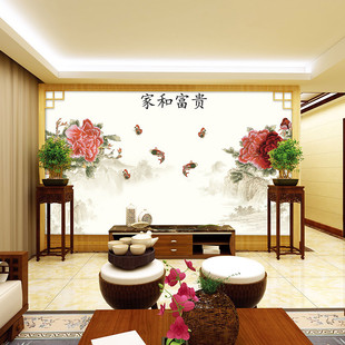 定制高档独绣刺绣壁画无缝墙布壁布新中式 家和富贵独秀电视背景墙