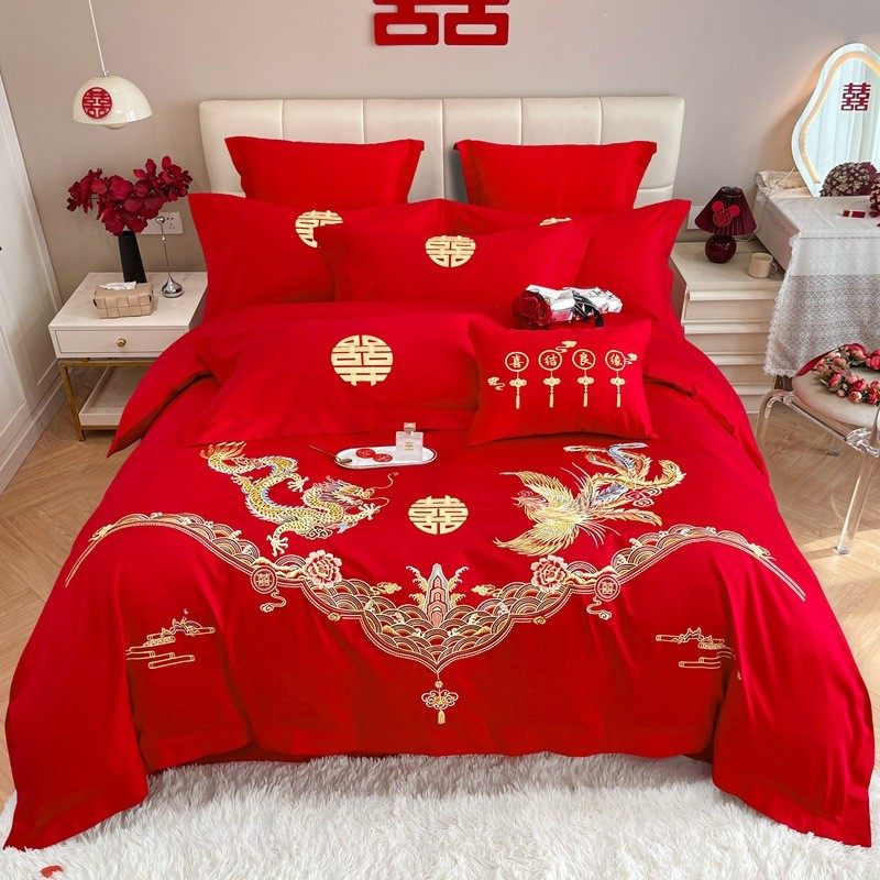 喜结婚床上用品四件套高端婚庆被套中式被大红色床单婚房婚嫁被罩
