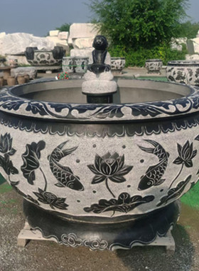 石雕鱼缸青石仿古荷花鱼缸大理石水缸福字花盆园林景观雕塑厂家