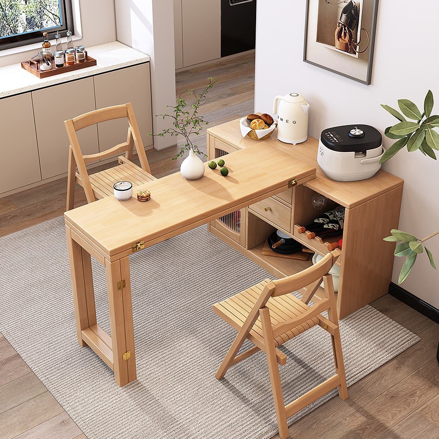 北欧实木餐桌椅餐边柜一体组合现代简约小户型靠墙折叠多功能吧台