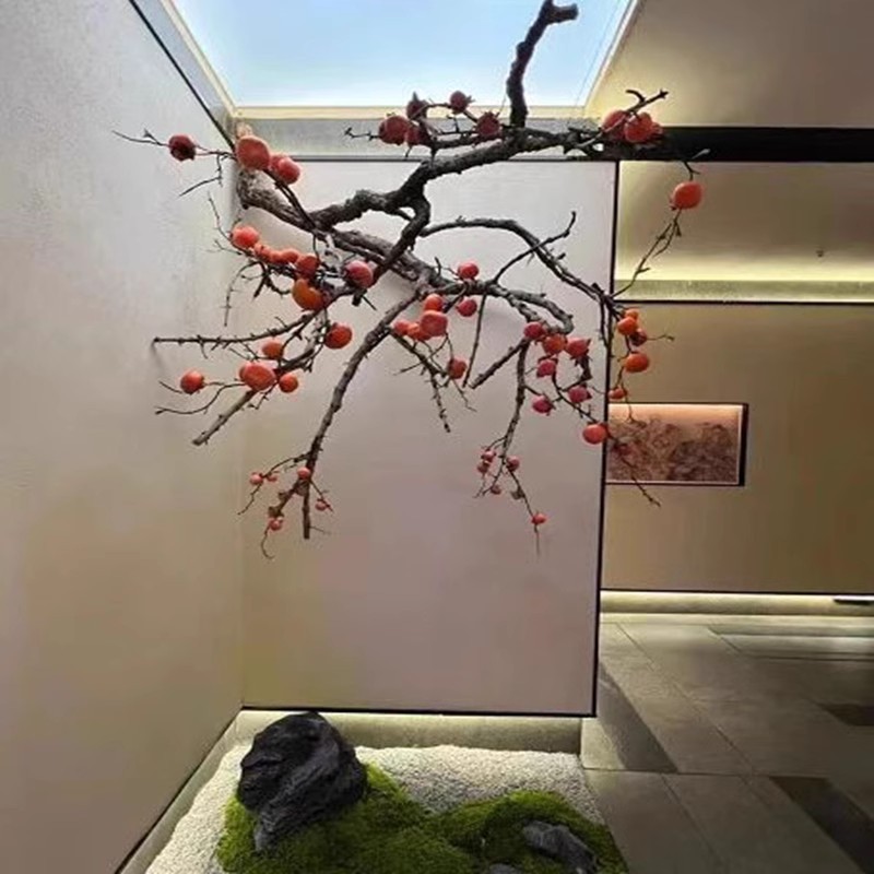 仿真吊挂柿子树水果树软装壁挂新中式禅意橱窗倒挂饰枯山造景假树